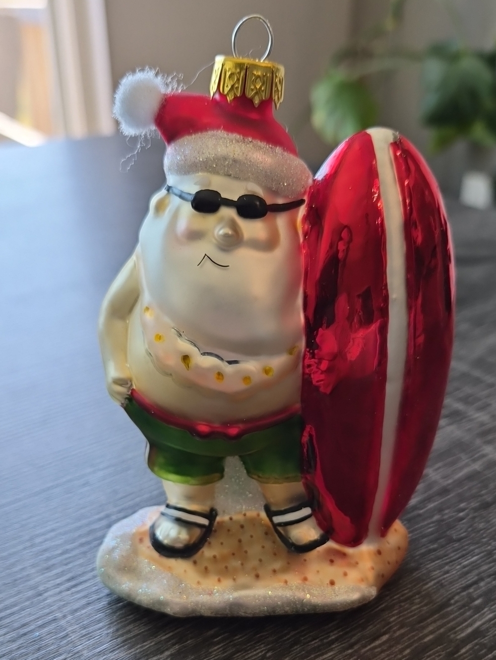 Beach Santa Glass Ornament - Red Surfboard Holiday Decor